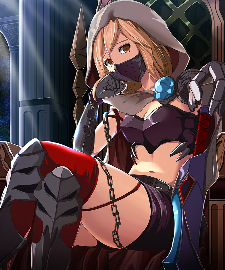 1girl, armor, belt, bikini_armor, blade, blonde_hair, breasts, brown_eyes