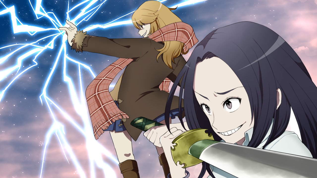 2girls, black_hair, blonde_hair, blue_eyes, blue_skirt, boots, coat, coppelion