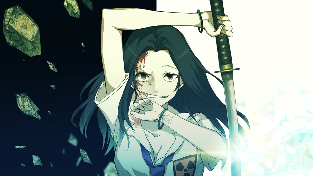 1girl, black_hair, blood, bracelet, brown_eyes, coppelion, glint, grin