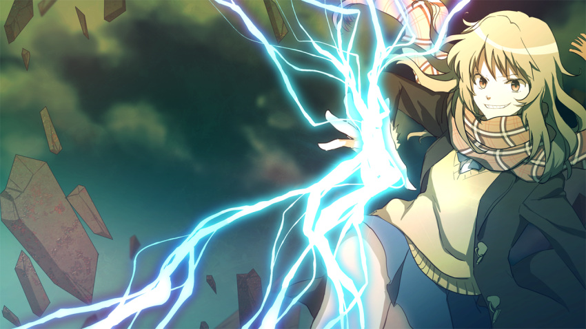 1girl, blonde_hair, blue_skirt, brown_eyes, coat, coppelion, electricity, grin