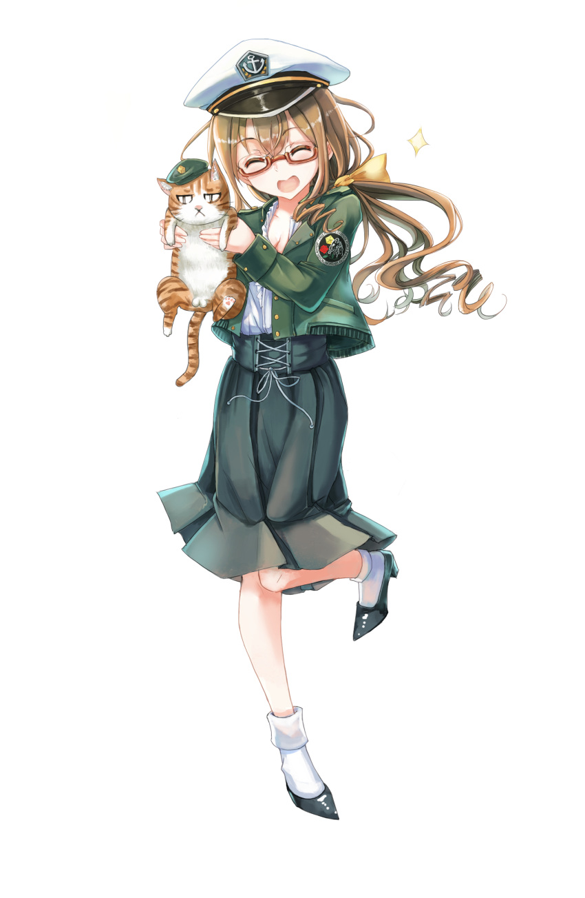 1girl, alternate_costume, alternate_hair_color, beret, brown_hair, cat, closed_eyes, glasses
