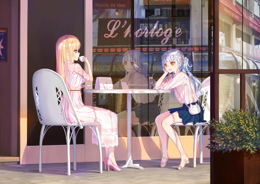 2girls, bad_reflection, bag, blonde_hair, blouse, blue_eyes, blue_hair, blue_skirt, braid, chair, contemporary, cup, dress, drinking, drinking_glass, french_braid, handbag, high_heels, highres, hoshi_o_mite, le_fantasque_(zhan_jian_shao_nyu), long_dress, long_hair, multiple_girls, orange_eyes, plate, reflection, richelieu_(zhan_jian_shao_nyu), sitting, skirt, table, white_dress, zhan_jian_shao_nyu