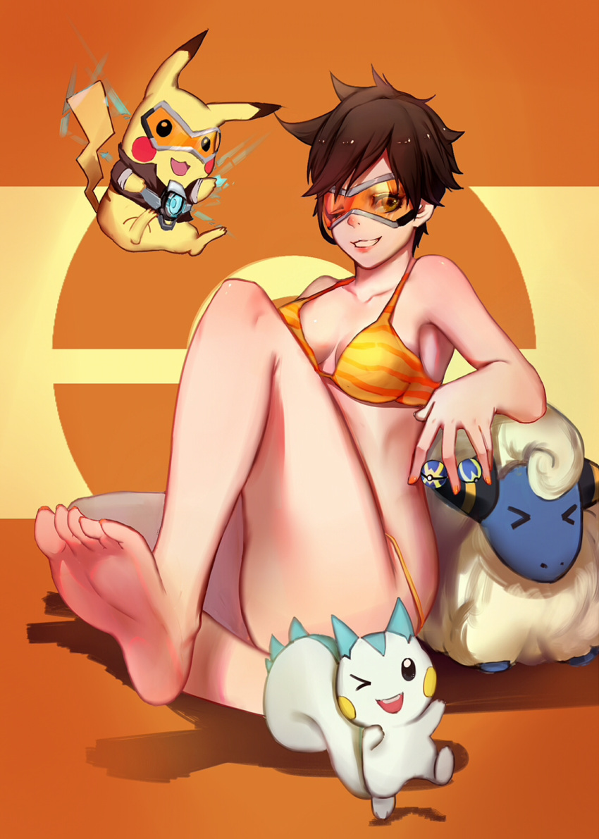 1girl, bangs, barefoot, between_fingers, bikini, bomber_jacket, breasts, breasts_apart