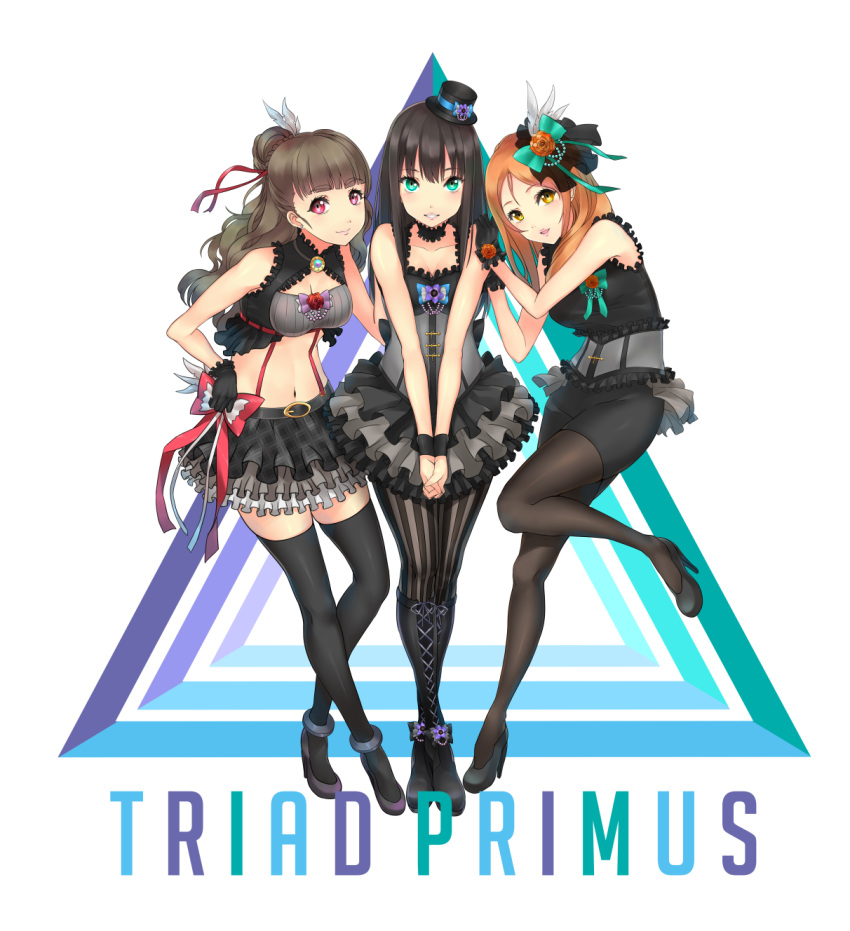 3girls, black_gloves, black_legwear, blush, breasts, brown_eyes, brown_hair, flower, full_body, gloves, green_eyes, hair_flower, hair_ornament, hat, highres, houjou_karen, idolmaster, idolmaster_cinderella_girls, kamiya_nao, long_hair, looking_at_viewer, maou(demonlord), mini_hat, multiple_girls, navel, pantyhose, red_eyes, shibuya_rin, smile, striped, thigh-highs, triad_primus