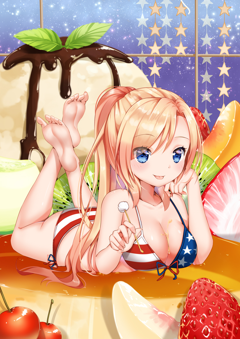1girl, :p, american_flag_bikini, archerfish_(zhan_jian_shao_nyu), barefoot, bikini, blonde_hair, breasts, chocolate, cleavage, collarbone, eyebrows, eyebrows_visible_through_hair, feet, flag_print, food, fruit, full_body, hand_on_own_cheek, holding, kiwifruit, kneepits, legs_up, long_hair, looking_at_viewer, lying, mamemena, medium_breasts, minigirl, on_stomach, ponytail, pudding, sky, soles, solo, star, star_(sky), starry_sky, strawberry, sweets, swimsuit, the_pose, toes, tongue, tongue_out, window, zhan_jian_shao_nyu