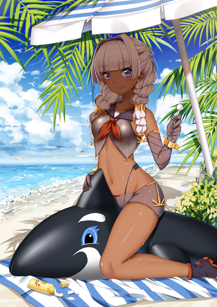 1girl, ankle_boots, bangs, bare_shoulders, beach, beach_towel, beach_umbrella, black_boots, black_vest, blue_sky, blunt_bangs, blush, boots, braid, breasts, brooklyn_(zhan_jian_shao_nyu), coast, collarbone, dark_skin, day, diagonal_stripes, earrings, elbow_gloves, full_body, glint, gloves, grey_gloves, hair_intakes, holding, horizon, inflatable_dolphin, inflatable_toy, jewelry, looking_at_viewer, mamemena, medium_breasts, navel, ocean, outdoors, palm_tree, plant, sand, shadow, shore, sky, solo, stomach, straddling, stud_earrings, summer, sun_lotion, sunlight, sweatdrop, swimsuit, tree, twin_braids, umbrella, upright_straddle, water, waves, wrist_cuffs, zhan_jian_shao_nyu