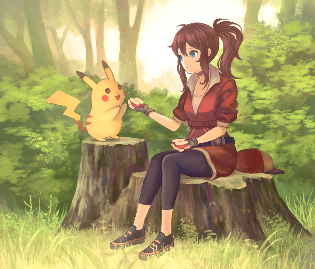 1girl, apple, baseball_cap, blurry, brown_hair, bush, cropped_jacket, depth_of_field