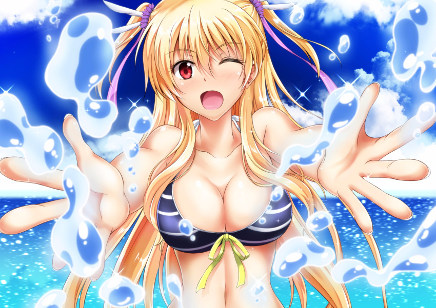 1girl, absurdres, alisa_reinford, bikini, bikini_top, blonde_hair, blue_sky, blush