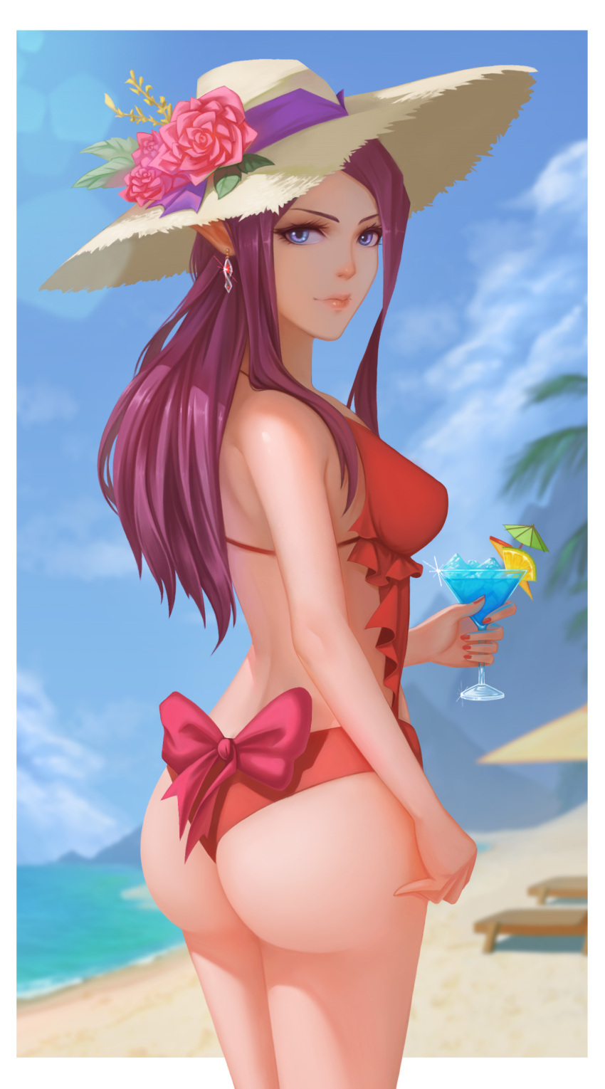 1girl, absurdres, arm_at_side, ass, bangs, beach, blue_eyes, bow