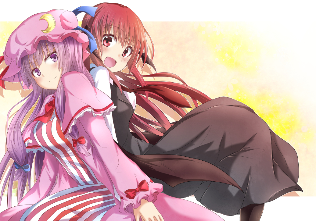 2girls, :d, back-to-back, black_dress, black_legwear, blue_bow, blue_ribbon, blush