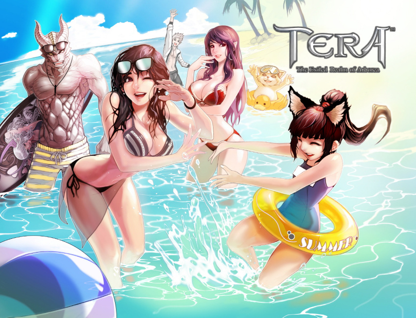 3boys, 3girls, aman, animal_ears, arm_up, arms_up, artist_request, ball