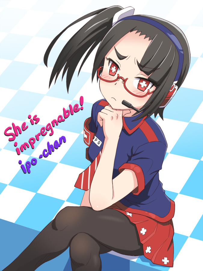 1girl, armband, bangs, black_hair, blue_shirt, checkered, checkered_floor, english