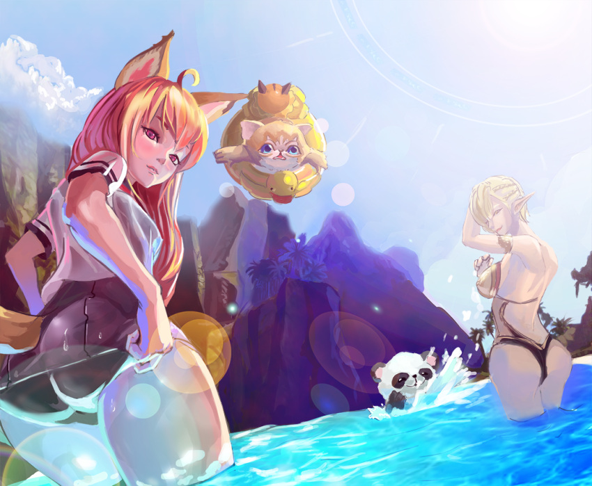 2boys, 2girls, animal_ears, artist_request, ass, bikini, blonde_hair, blue_eyes