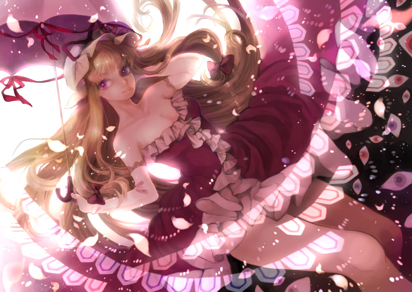 1girl, adapted_costume, backlighting, bare_shoulders, blonde_hair, blue_eyes, bow, breasts, cleavage, collarbone, commentary_request, danmaku, dress, dress_lift, elbow_gloves, eyes, floating_hair, frilled_dress, frills, gap, gloves, glowing, hair_bow, hand_in_hair, hat, hat_ribbon, lace-trimmed_gloves, light, light_particles, long_hair, long_neck, looking_to_the_side, medium_breasts, mitarasi-1517, mob_cap, parasol, perspective, petals, purple_dress, red_eyes, reflective_eyes, ribbon, ribbon_trim, shiny, shiny_hair, shiny_skin, short_dress, smile, solo, strapless, strapless_dress, thighs, touhou, umbrella, very_long_hair, violet_eyes, white_gloves, yakumo_yukari