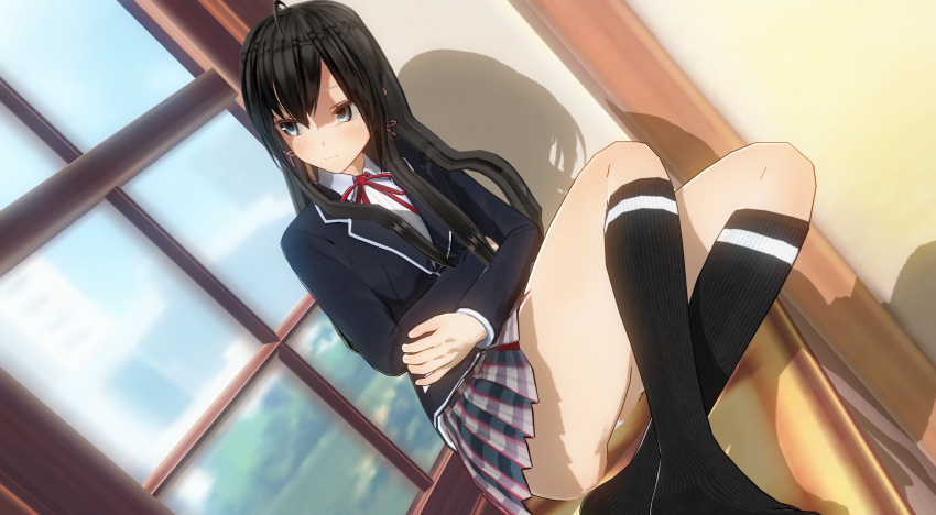 1girl, 3d, absurdres, black_eyes, black_hair, black_legwear, crossed_arms, custom_maid_3d_2