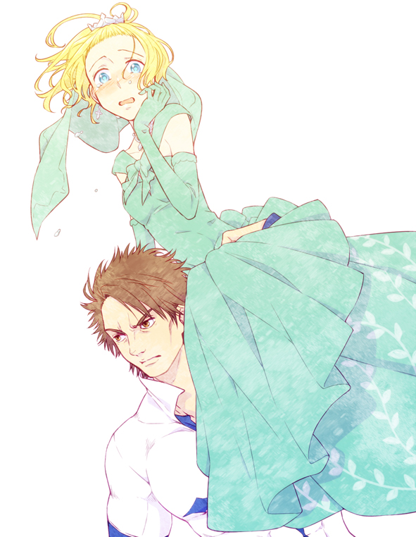 1boy, 1girl, acqua_of_the_back, blonde_hair, blue_eyes, blush, brown_eyes, brown_hair