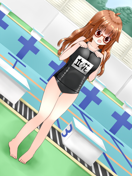 breasts, commentary_request, glasses, kono_bijutsubu_niwa_mondai_ga_aru!, large_breasts, pool, school_swimsuit, swimsuit