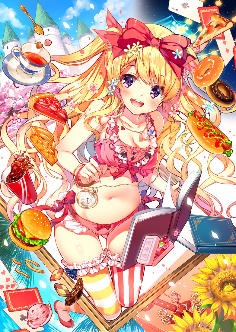 1girl, :d, ace_of_spades, alice_(wonderland), alice_in_wonderland, bangs, blonde_hair, book, bow, bow_bra, bow_panties, bra, bracelet, braid, breasts, candy, card, castle, checkerboard_cookie, cherry_blossoms, cleavage, commentary_request, cookie, cover, cover_page, cup, doughnut, doujin_cover, flower, food, french_fries, frilled_bra, frills, garters, hair_bow, hair_flower, hair_ornament, hamburger, hot_dog, ice_cream, jelly_bean, jewelry, long_hair, looking_at_viewer, midriff, mismatched_legwear, miwabe_sakura, navel, open_book, open_mouth, panties, pizza, playing_card, pocket_watch, saucer, side-tie_panties, smile, solo, spoon, strawberry_tart, striped, striped_legwear, sunflower, tart_(food), teacup, two_side_up, underwear, vertical-striped_legwear, vertical_stripes, vial, violet_eyes, watch