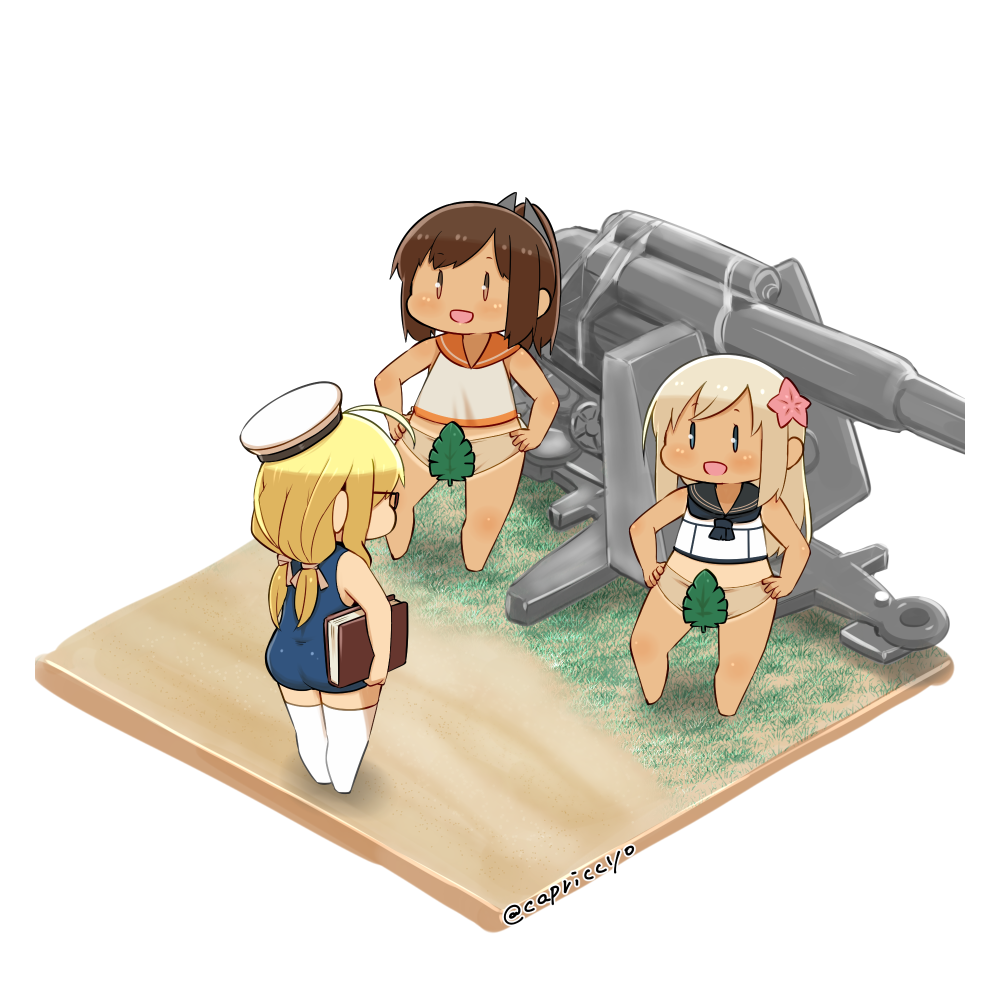 3girls, 88_flak, aa_gun, blonde_hair, blue_eyes, brown_eyes, brown_hair, cannon, capriccyo, chibi, glasses, happatai, hat, i-401_(kantai_collection), i-8_(kantai_collection), isometric, kantai_collection, leaf, long_hair, multiple_girls, panties, ro-500_(kantai_collection), sailor_collar, school_swimsuit, short_hair, swimsuit, thigh-highs, twitter_username, underwear