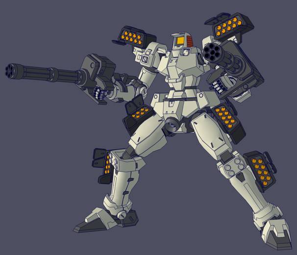 3d, baki_(hanakuso_ouji), dual_wielding, full_body, gatling_gun, grey_background, gun, gundam