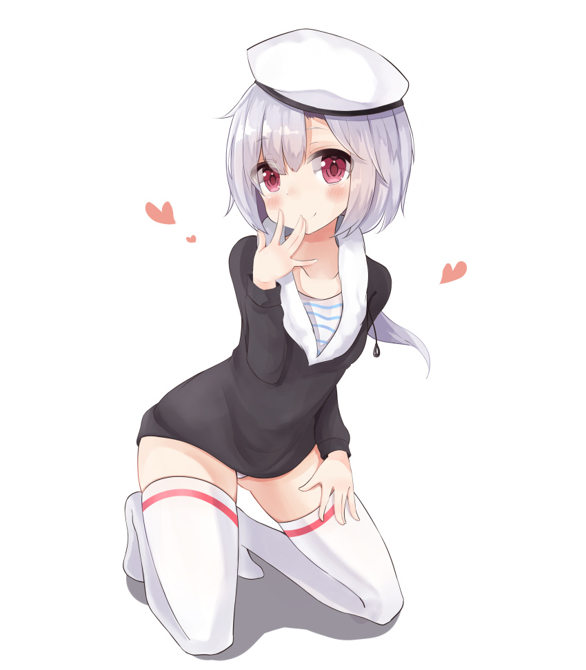 1girl, absurdres, ass_visible_through_thighs, blush, heart, hibiki_(zhan_jian_shao_nyu), highres, kneeling, panties, pantyshot, pantyshot_(kneeling), red_eyes, short_hair, siwi, smile, solo, thigh-highs, thighs, underwear, verniy_(zhan_jian_shao_nyu), white_background, white_hair, white_legwear, white_panties, zhan_jian_shao_nyu
