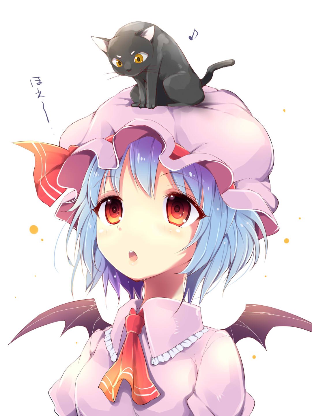 1girl, :o, animal, animal_on_head, ascot, bat_wings, black_cat, cat
