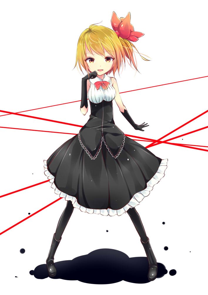 1girl, adapted_costume, alternate_breast_size, alternate_costume, alternate_eye_color, black_gloves, black_legwear, blonde_hair