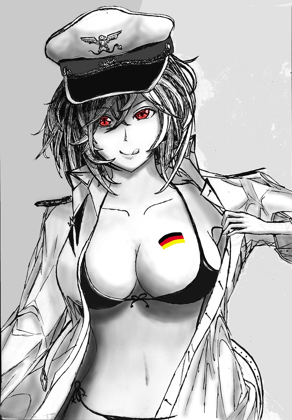 bikini, breasts, cleavage, dress_shirt, front-tie_top, german_flag, graf_zeppelin_(zhan_jian_shao_nyu), grey_background