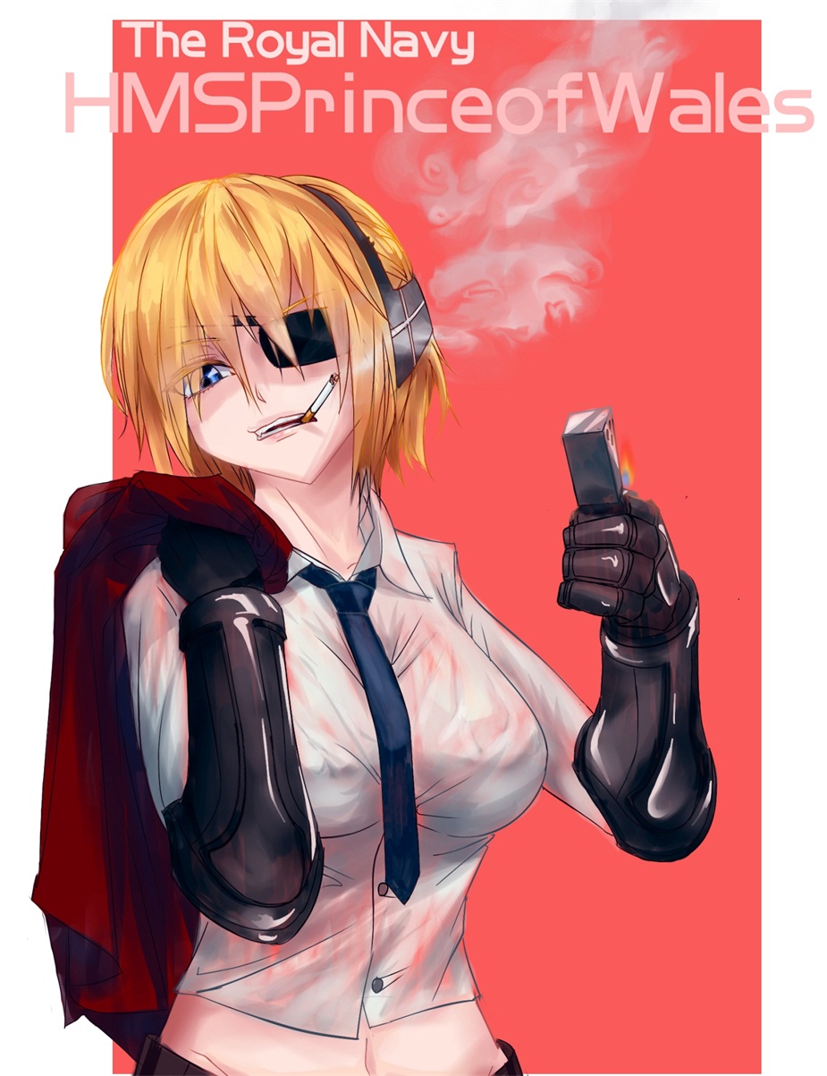 1girl, blonde_hair, blue_eyes, breasts, character_name, cigarette, dress_shirt, eyepatch