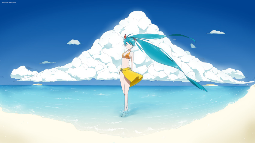 1girl, absurdres, aqua_eyes, aqua_hair, barefoot, beach, bikini, blue_sky