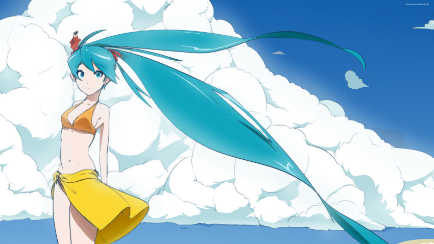 1girl, absurdres, aqua_eyes, aqua_hair, bikini, blue_sky, breasts, clouds