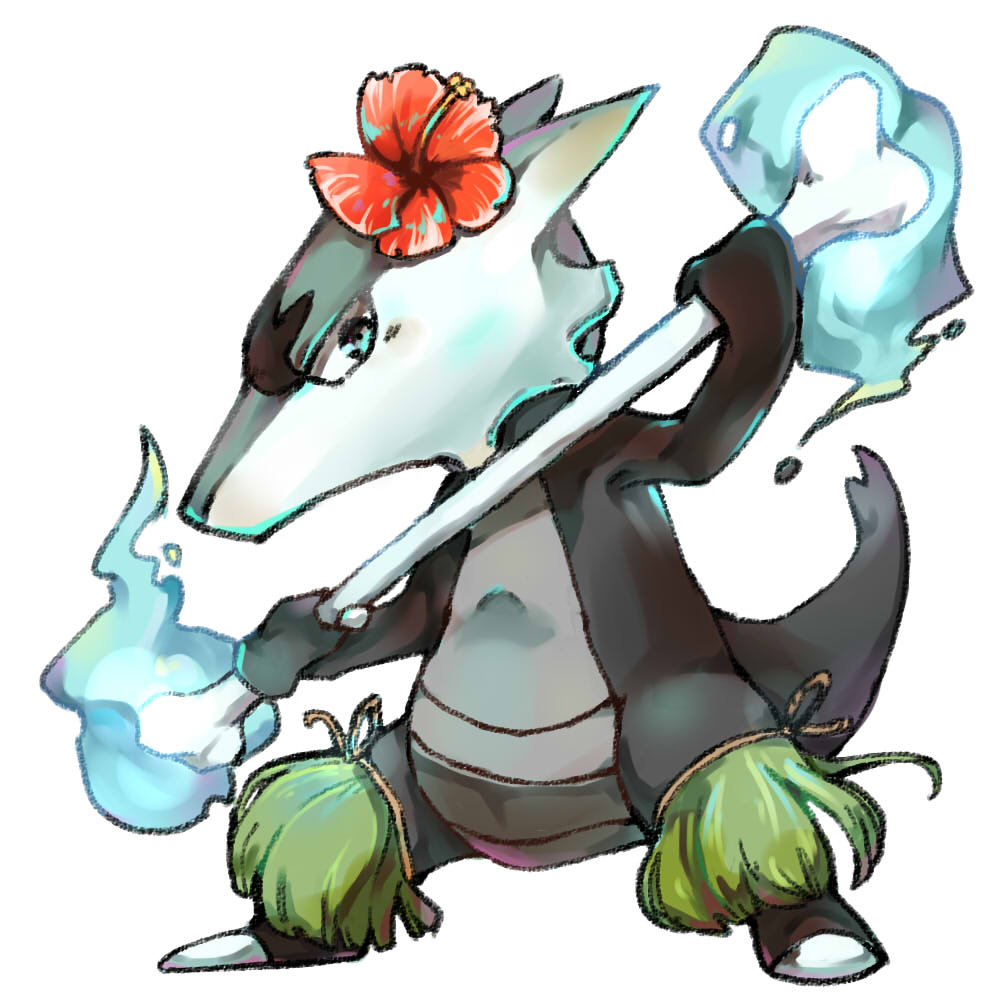 alolan_marowak, blue_eyes, blue_fire, bone, fighting_stance, fire, flower, full_body, hibiscus, ice_coke420, looking_at_viewer, marowak, no_humans, pokemon, pokemon_(creature), pokemon_(game), pokemon_sm, standing