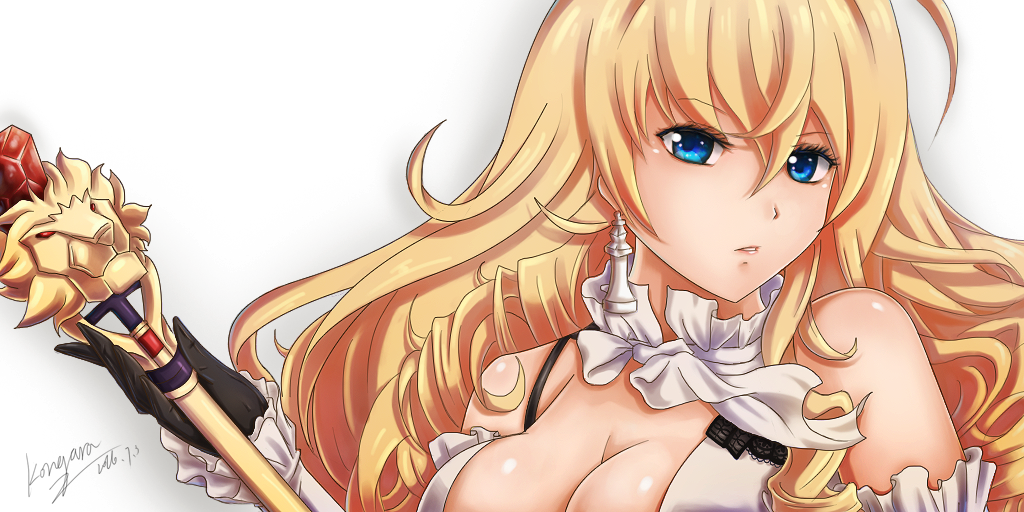 1girl, black_gloves, blonde_hair, blue_eyes, breasts, cleavage, detached_sleeves, drill_hair