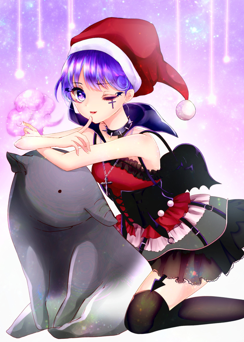 +_+, 1girl, ;p, absurdres, animal, baku_(creature), bangs, black_legwear, breasts, clouds, corset, cross, cross-laced_clothes, cross_necklace, directional_arrow, doremy_sweet, dress, eyebrows, eyebrows_visible_through_hair, eyelashes, facial_tattoo, finger_to_mouth, frills, garter_straps, hat, highres, jewelry, kneeling, light_particles, looking_at_viewer, necklace, nightcap, one_eye_closed, pom_pom_(clothes), purple_background, purple_hair, red_lips, shanghai_bisu, short_dress, short_hair, sleeveless, sleeveless_dress, small_breasts, spiked_choker, tail, tapir, tattoo, thigh-highs, tongue, tongue_out, touhou, violet_eyes, wing_print