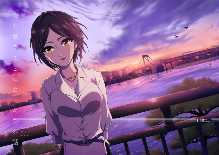 1girl, bangs, bird, black_hair, breasts, bridge, cleavage, cover