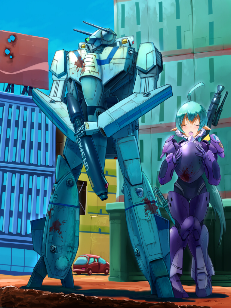1boy, 1girl, ahoge, alien, aqua_hair, armor, blood, blush