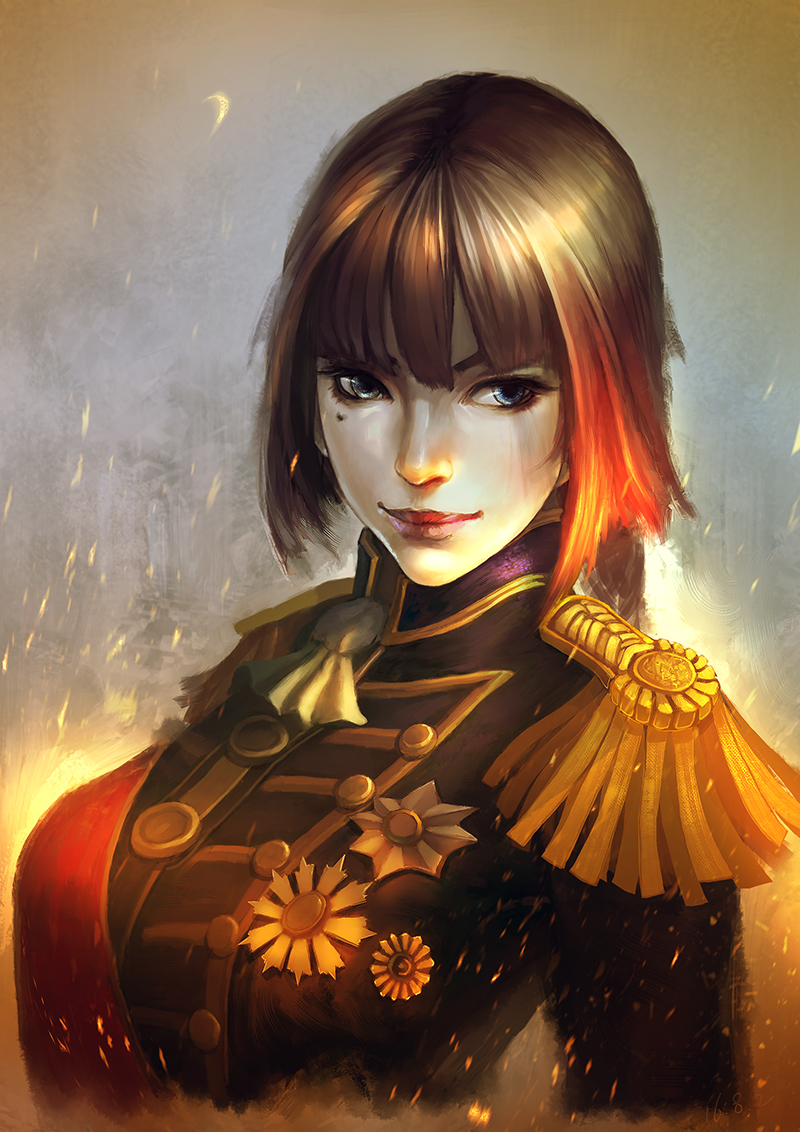 1girl, blue_eyes, breasts, brown_hair, epaulettes, faux_traditional_media, large_breasts, muzi_fish