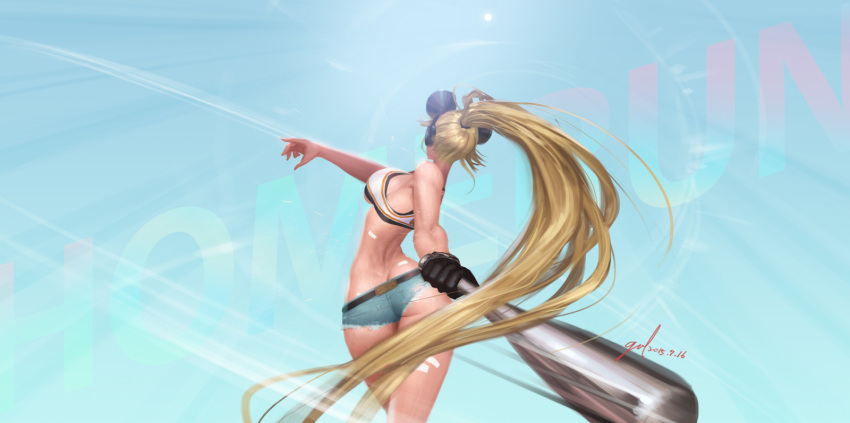 1girl, 2015, ass, baseball_bat, black_gloves, blonde_hair, breasts, crop_top