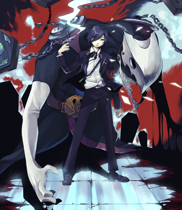 35_(pixiv), arisato_minato, armband, blonde_hair, blood, blue_eyes, blue_hair, digital_media_player