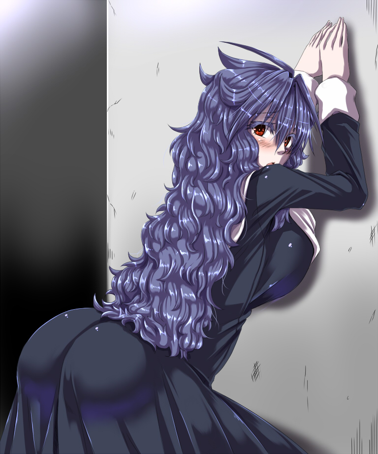 1girl, :o, against_wall, ahoge, ass, bent_over, black_dress, blue_hair
