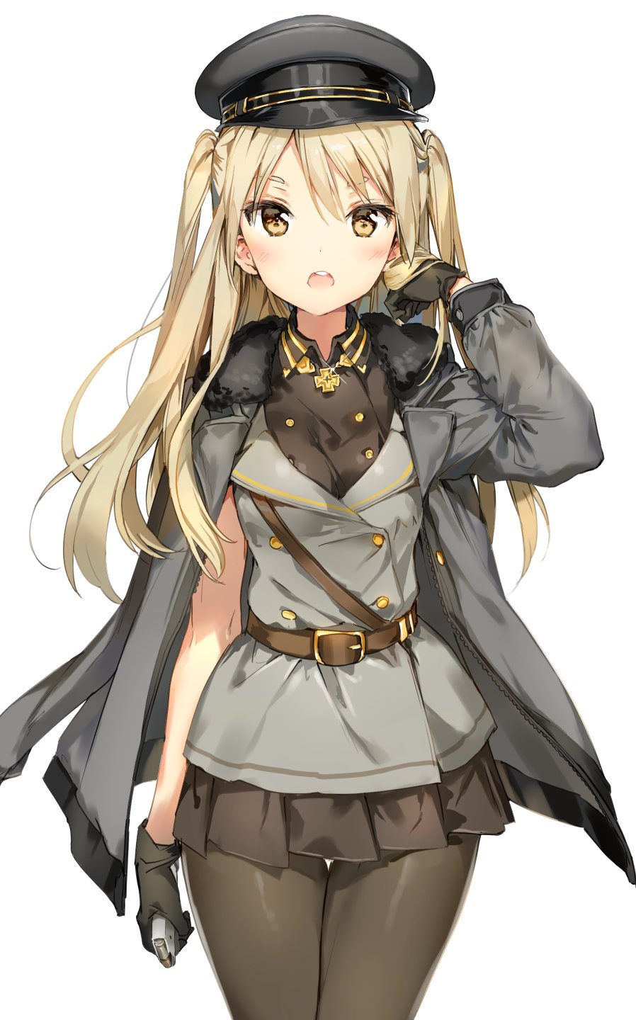 1girl, :o, anmi, belt, black_gloves, black_legwear, blush, bullet