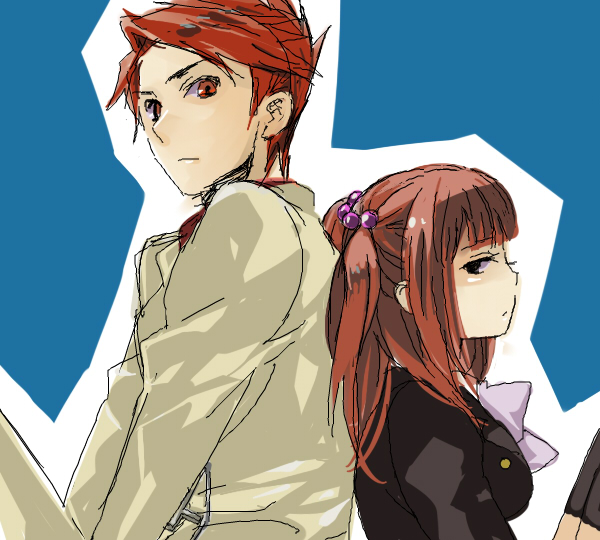 bad_id, brother_and_sister, gm, hair_bobbles, hair_ornament, jacket, long_hair, red_eyes