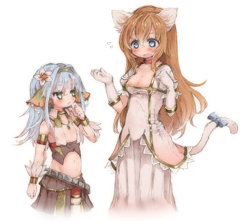2girls, animal_ears, armlet, blue_eyes, blue_hair, blue_ribbon, blush, breasts