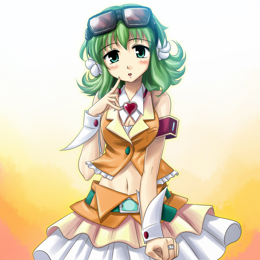 belt, blush, flower, goggles, green_eyes, green_hair, gumi, hair_flower