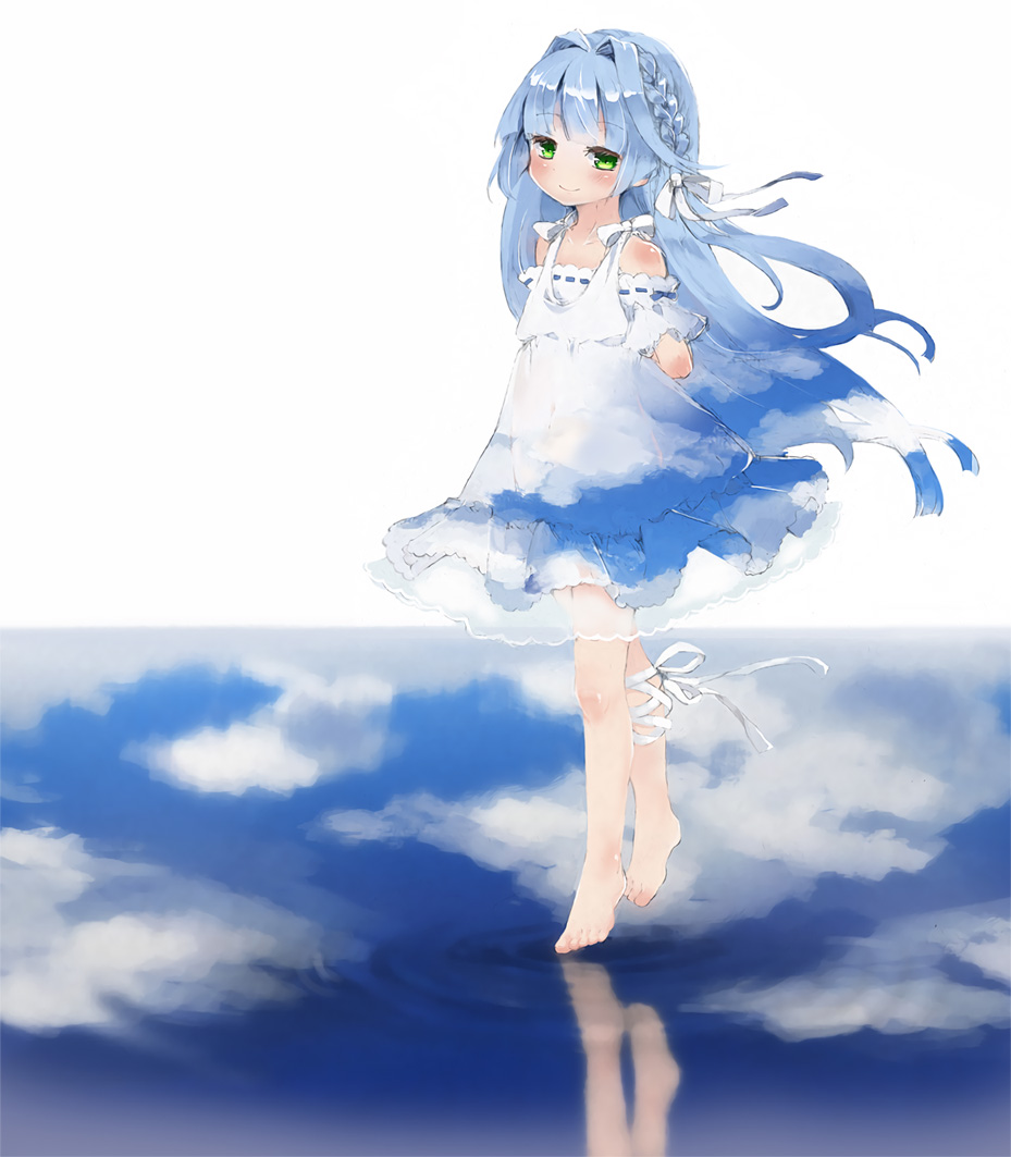 1girl, arms_behind_back, barefoot, blue_hair, blush, body_blush, braid, ciel_nosurge, closed_mouth, clouds, dress, full_body, green_eyes, hair_intakes, hair_ribbon, head_tilt, kureudon, leg_ribbon, long_hair, looking_at_viewer, reflection, ribbon, ribbon-trimmed_clothes, ribbon_trim, ripples, sarly_planck, sky, smile, solo, surge_concerto, very_long_hair, white_dress, white_ribbon