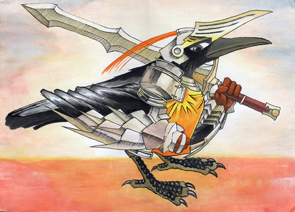 bird, crow, helmet, pixiv_fantasia, pixiv_fantasia_1, sword, weapon, yabu_houki_gomi, yaburebouki_akuta