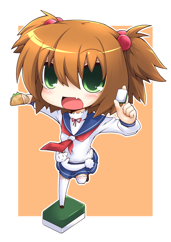 chibi, fang, green_eyes, hair_bobbles, hair_ornament, kataoka_yuuki, mahjong, reku