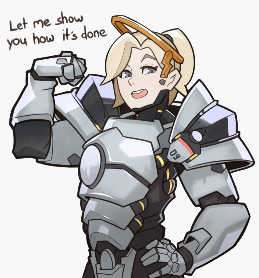 1girl, armor, blonde_hair, blue_eyes, english, halo, high_ponytail, mechanical_halo