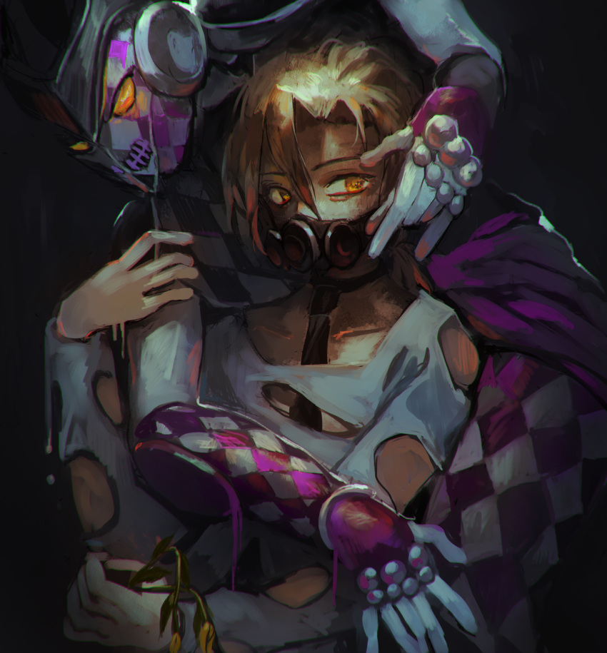 1boy, blonde_hair, gas_mask, highres, holding, jojo_no_kimyou_na_bouken, male_focus, nazoko