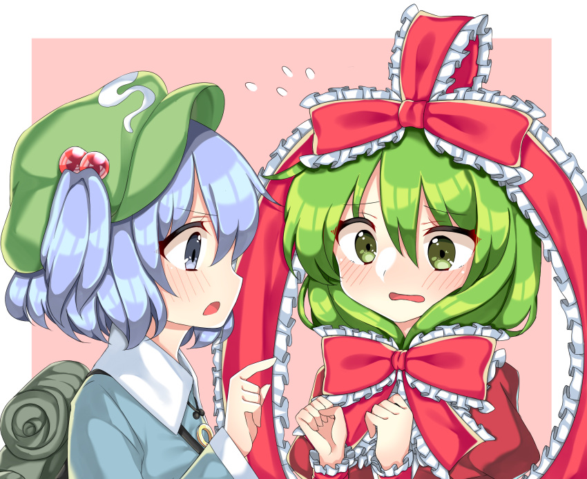 2girls, backpack, bag, blue_eyes, blue_hair, blush, cabbie_hat, cheunes
